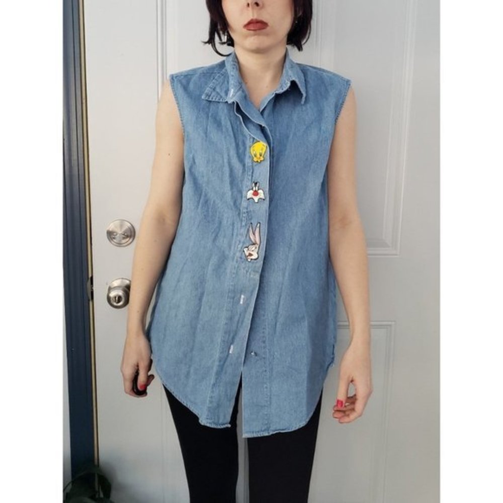 Vintage 90s Sleeveless Denim Shirt with Looney Tunes Characters